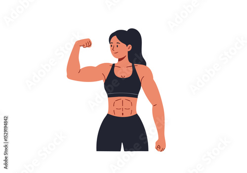 A strong, fit woman showcases her physique in workout gear. Bold illustration style with a focus on routine and fitness. Modern, graphic design.