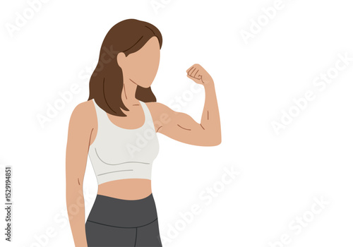 A stylish woman demonstrates arm fit with a strong pose. Modern illustration style, showcasing fitness and strength. Clean design, bold typography.