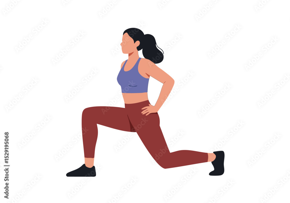 Fototapeta premium A smiling woman performs a lunge, showcasing fitness and joy. Dynamic pose, vibrant colors, and a modern aesthetic. Ideal for health, wellness, and active lifestyle content.