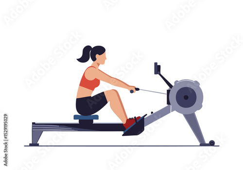 A woman initiates a rowing workout on a machine. Clean, modern illustration style. Focus on form and movement. Suitable for fitness and wellness content.