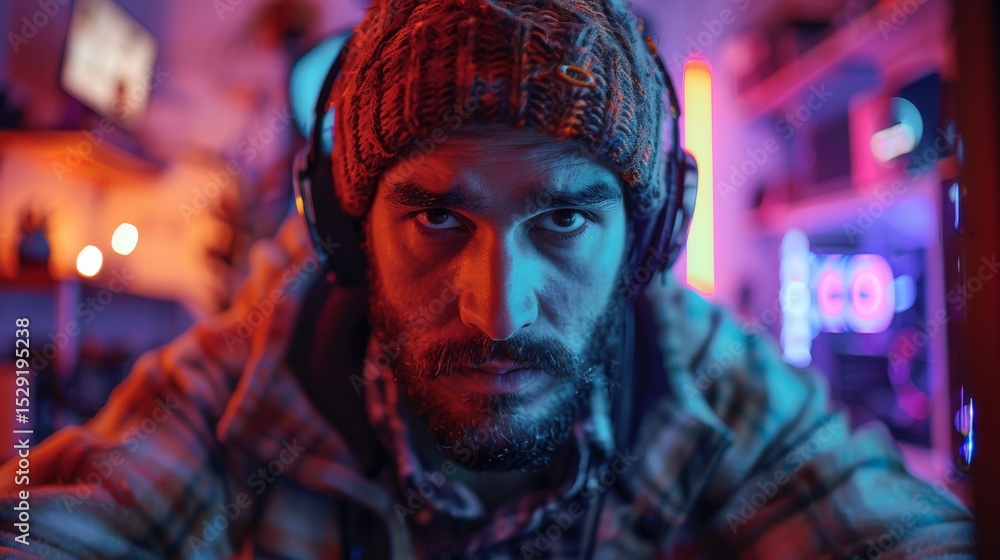 Obraz premium A detailed close-up of a serious gamer wearing headphones in a vibrant, neon-lit room reflects the intensity and passion found in the world of competitive gaming today.