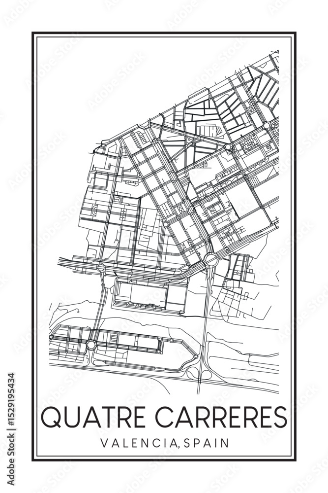 Obraz premium Hand drawn printable downtown road map poster of district QUATRE CARRERES of the Spanish city of VALENCIA on solid white background with city name
