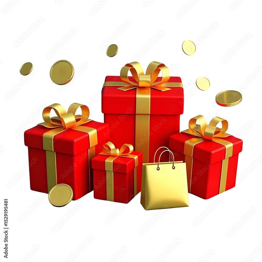 Fototapeta premium Red gift boxes with gold ribbons and coins isolated on transparent background