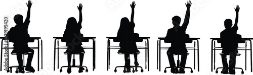Silhouette of students sitting at desks raising hands in classroom, education concept, black vector illustration, school children learning