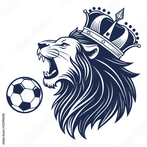 A majestic lion, roaring fiercely, wears a golden crown and clutches a soccer ball.  Intricate details are essential.