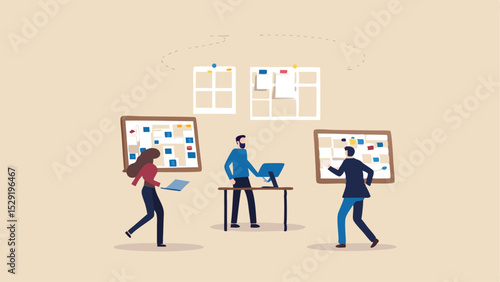 Team collaboration with agile boards and sticky notes in a modern office environment illustration