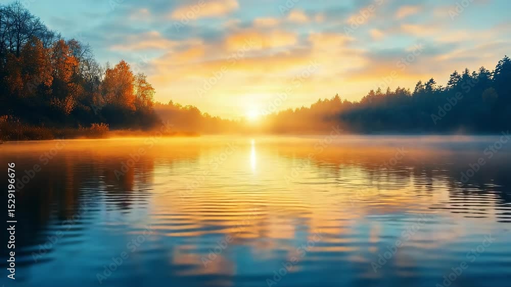 A vibrant sunrise reflects on a calm lake surrounded by autumnal trees under a softly colored sky. A vibrant sunrise reflects on a calm lake surrounded by autumnal trees under a softly colored sky.