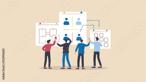 Team members collaborating on project planning with diagrams and user interface elements in a bright setting