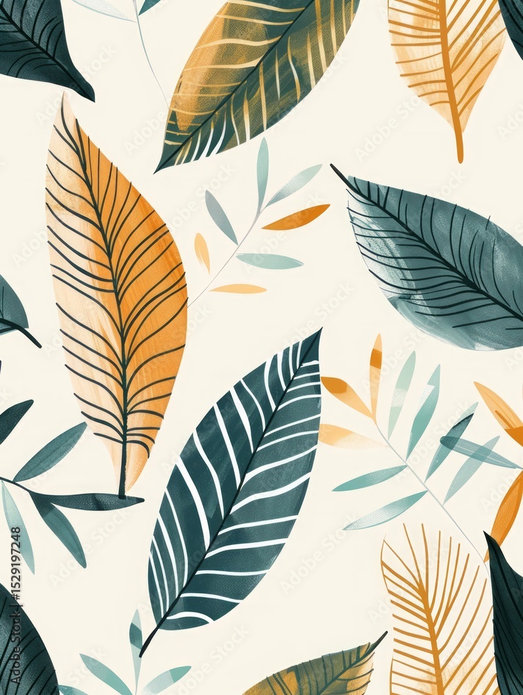 Fototapeta premium Minimalistic line art of with green and gold leaves in golden line style