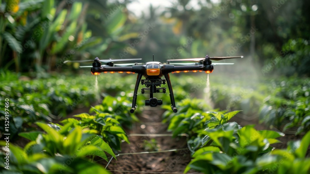 Naklejka premium A drone navigates over vibrant green fields, indicating cutting-edge technology in agriculture, showcasing its role in modern farming practices and crop management.