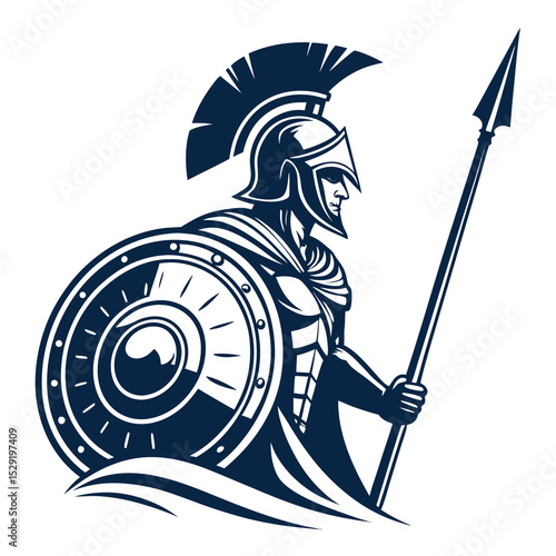 A fierce Spartan warrior, clad in bronze armor, helmet adorned with a plume, powerfully grips a spear and round shield, standing defiantly against a dramatic backdrop.