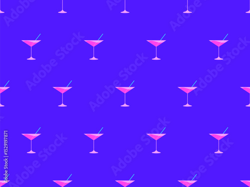 Cocktail with straw in 80s style seamless pattern. Alcoholic cocktails with straw in vermouth glass. Design for bar menus, advertising materials and banners. Vector illustration