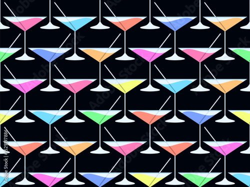 Cocktail with straw in 80s style seamless pattern. Alcoholic cocktails with straw in vermouth glass. Design for bar menus, advertising materials and banners. Vector illustration