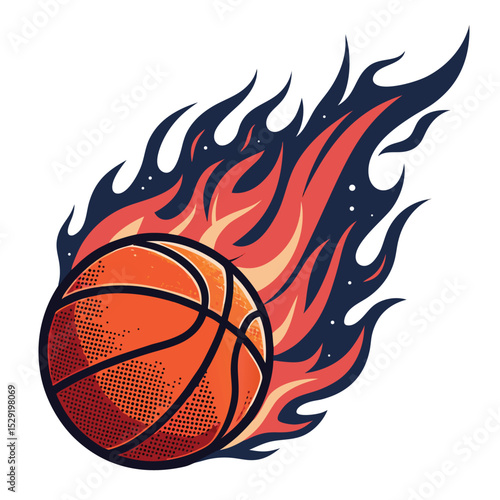 Stylized basketball engulfed in vibrant flames, dynamic slam dunk action, fiery texture, intense energy.
