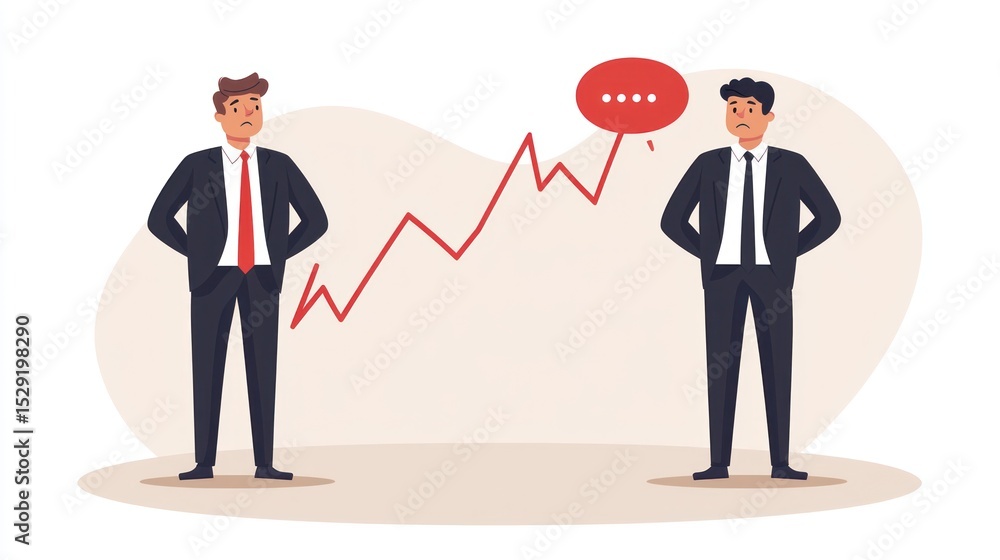Two businessmen stand opposite each other, looking concerned at a rising red graph line and a speech bubble. They appear worried or anxious about the upward trend Two businessmen stand opposite each other, looking concerned at a rising red graph line and a speech bubble. They appear worried or anxious about the upward trend