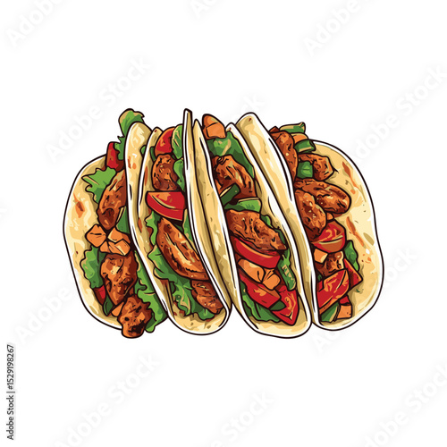 Tacos: Freshly prepared, vibrant tacos, filled with seasoned meats and crisp vegetables, ready to be savored. 