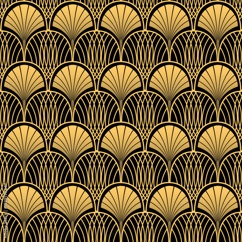 Art Deco black and yellow seamless pattern. Geometric decorative texture with arches and fans. Vector vintage background.
