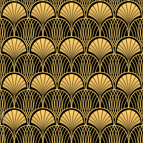 Art Deco black and yellow seamless pattern. Geometric decorative texture with arches and fans. Vector vintage background.
