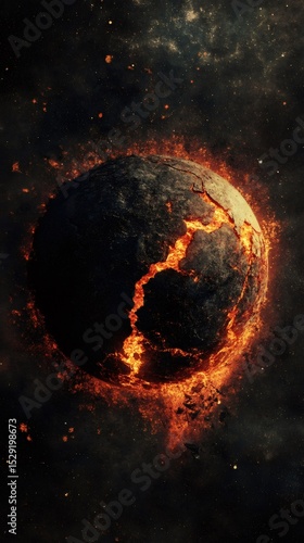 Fototapeta Naklejka Na Ścianę i Meble -  Molten lava erupting from an exploding planet illustrates seismic waves radiating from the epicenter during an earthquake, set against a backdrop of space and twinkling stars