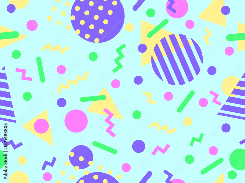 Geometric seamless pattern with memphis elements in 80s style. Colorful pattern with different geometric shapes. Design for packaging, covers, wrapping and promotional products. Vector illustration Geometric seamless pattern with memphis elements in 80s style. Colorful pattern with different geometric shapes. Design for packaging, covers, wrapping and promotional products. Vector illustration