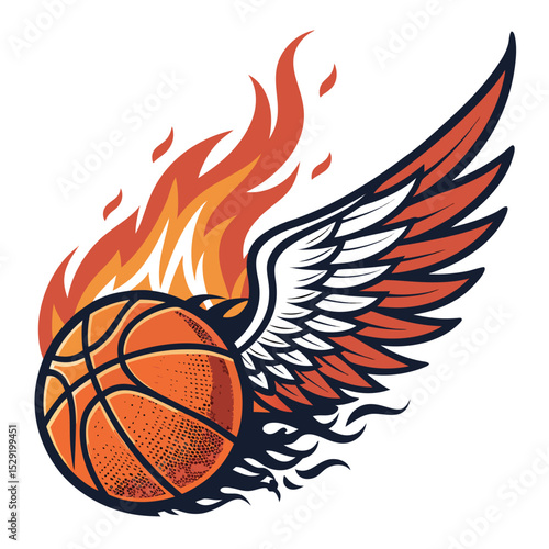 Design a dynamic logo a flaming basketball with powerful wings in flight, isolated on a transparent background.