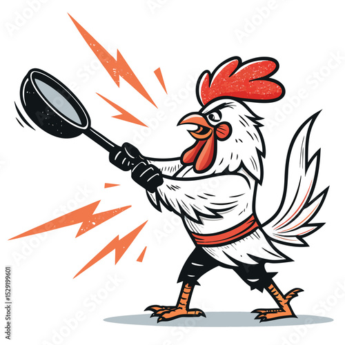 A fierce, anthropomorphic chicken bravely wielding a frying pan as a weapon in a dynamic battle pose.