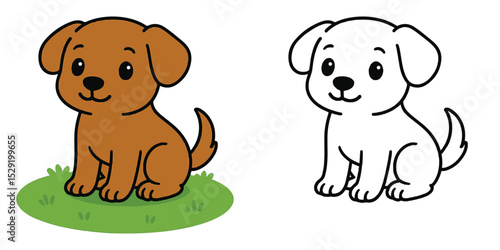 Coloring Book For Kids Cartoon Adorable pup sitting calmly Outline Vector Design