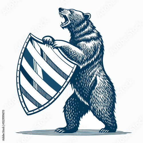 A majestic bear, standing upright, roars fiercely, brandishing a shield.  Striking pose, detailed fur, dramatic lighting.