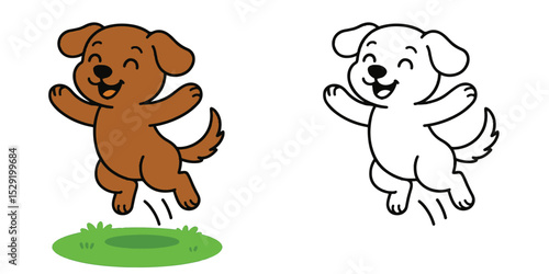 Coloring Book For Kids Cartoon Cheerful dog jumping high Outline Vector Design