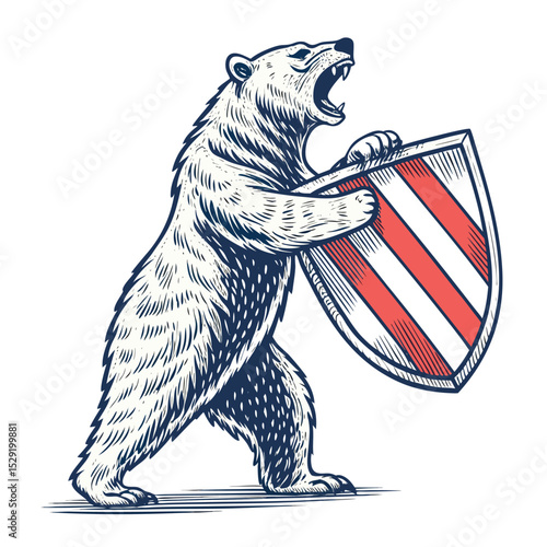 A majestic grizzly bear stands upright, roaring fiercely, wielding a weathered shield and a striped staff.  Epic fantasy illustration.