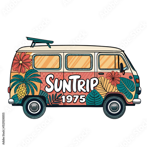 A vibrant boho-styled campervan, adorned with tropical decals, parked in a sunny location, ready for a summer road trip.