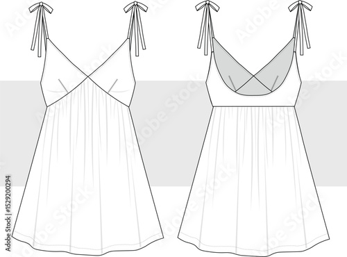 Satin mini summer dress technical fashion sketch, illustration. Knot Strap dress drawing template, bustier, relaxed fit, front and back view, women CAD, mockup set.