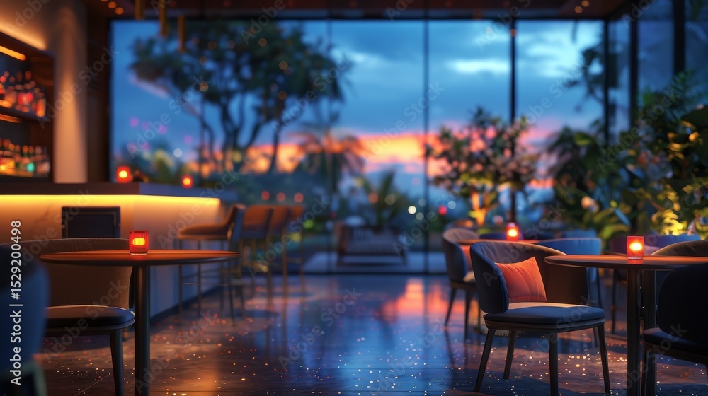 Obraz premium An elegant bar setting showcases a stunning view at twilight, blending artistic design with serene outdoor lighting, creating an inviting atmosphere for social gatherings.