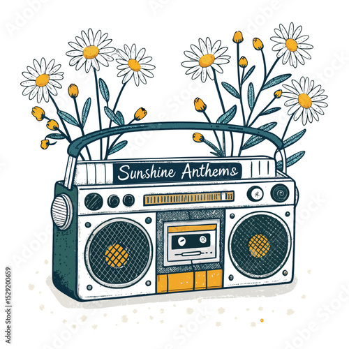 A vibrant image of a vintage boombox playing music amidst a field of cheerful daisies bathed in bright sunshine. California vibes.