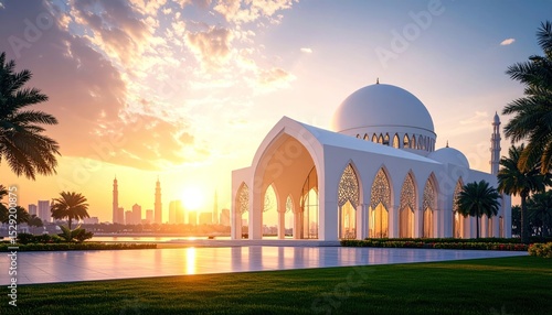 Majestic white mosque with city skyline backdrop at radiant sunset, Arabian Gulf