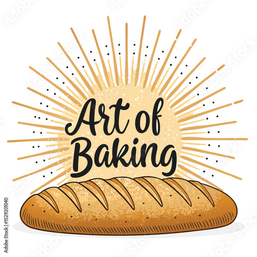 Retro styled illustration of a golden-brown artisan bread loaf, radiating light, emphasizing the art of baking.