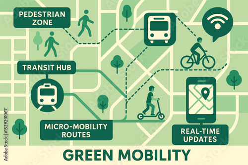 Green Mobility Map. Vector illustration of green mobility map with pedestrian zones, transit hubs, micro-mobility routes, and real