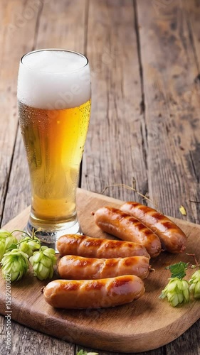 Wallpaper Mural Dynamic Still Life with Frosty Beer Mug, Pretzels, Sausages, and Hops on Wooden Table Torontodigital.ca