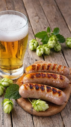 Wallpaper Mural Dynamic Still Life with Frosty Beer Mug, Pretzels, Sausages, and Hops on Wooden Table Torontodigital.ca