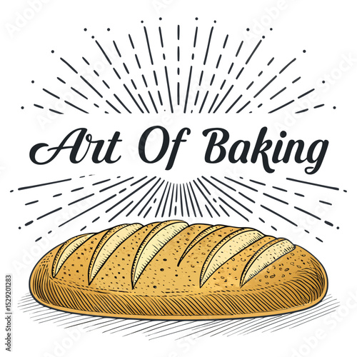 Retro-styled illustration of a golden-brown bread loaf, sun rays beaming, emphasizing the art of baking.  Scrumptious detail.