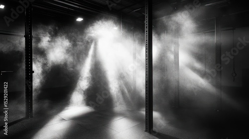 Mysterious Gym Atmosphere: Beams of Light Piercing Through Smoky Darkness