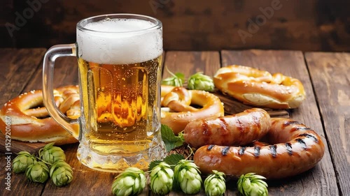 Wallpaper Mural Dynamic Still Life with Frosty Beer Mug, Pretzels, Sausages, and Hops on Wooden Table Torontodigital.ca