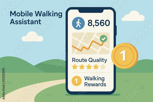 Mobile Walking Assistant. Vector illustration of mobile walking assistant app showing step counter, route quality score, and