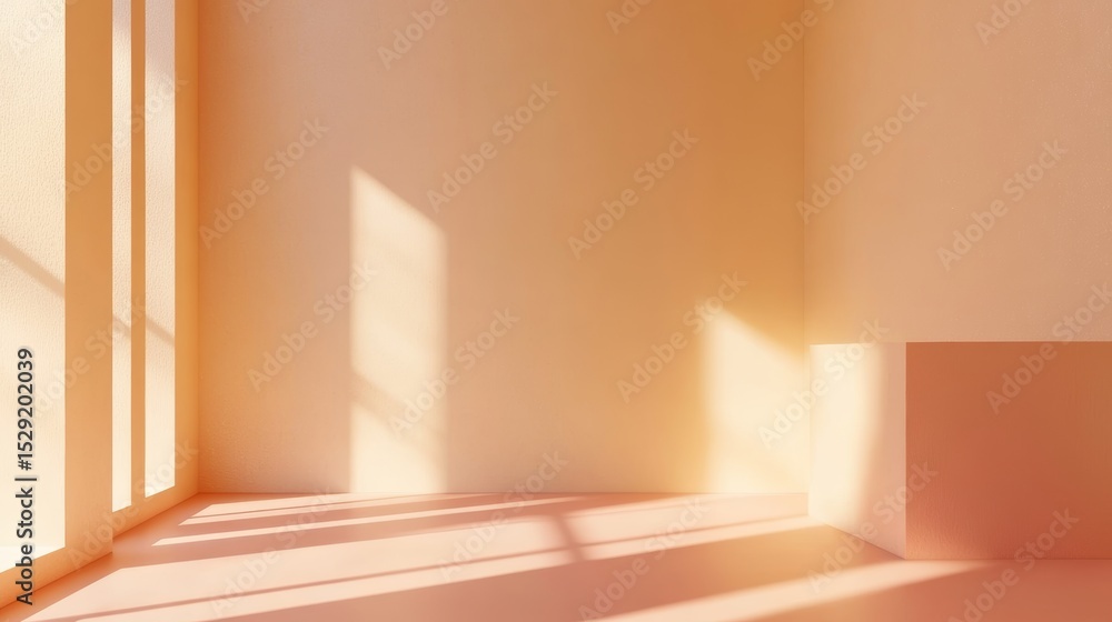 Fototapeta premium Serene Minimalist Studio with Sunlit Peach Interior, Abstract Shadows, and Modern Design Elements