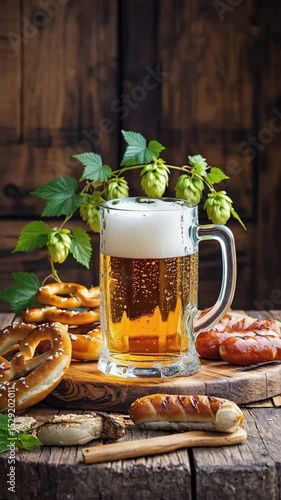 Wallpaper Mural Dynamic Still Life with Frosty Beer Mug, Pretzels, Sausages, and Hops on Wooden Table Torontodigital.ca