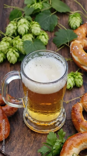 Wallpaper Mural Dynamic Still Life with Frosty Beer Mug, Pretzels, Sausages, and Hops on Wooden Table Torontodigital.ca