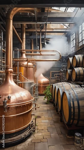 Wallpaper Mural Rustic Brewery Scene with Copper Brewing Equipment, Fresh Beer Pouring, Wooden Barrels, and Hops Torontodigital.ca