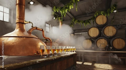 Wallpaper Mural Rustic Brewery Scene with Copper Brewing Equipment, Fresh Beer Pouring, Wooden Barrels, and Hops Torontodigital.ca