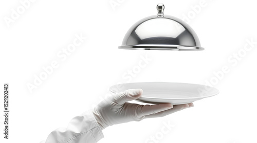 Photo of hand wearing a white glove holding a white plate with a dome-shaped silver serving tray isolated on transparent background.png