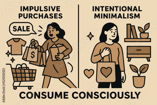 Mindful Shopping Choices. Consume consciously — Vector illustration of comparison between impulsive purchases and intentional